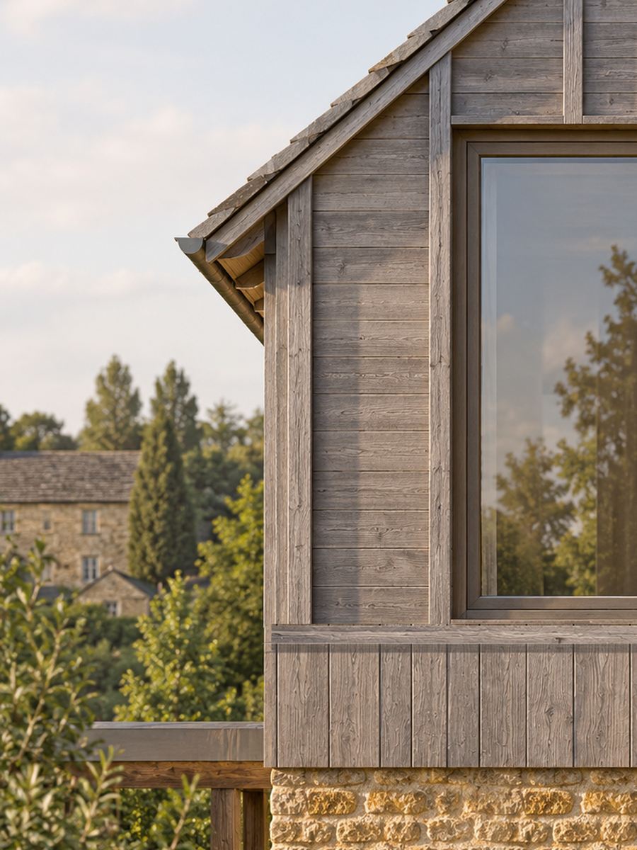 Windsor Edge visual of a gable clad in untreated timber above local stone, with a historic stone house in the valley beyond